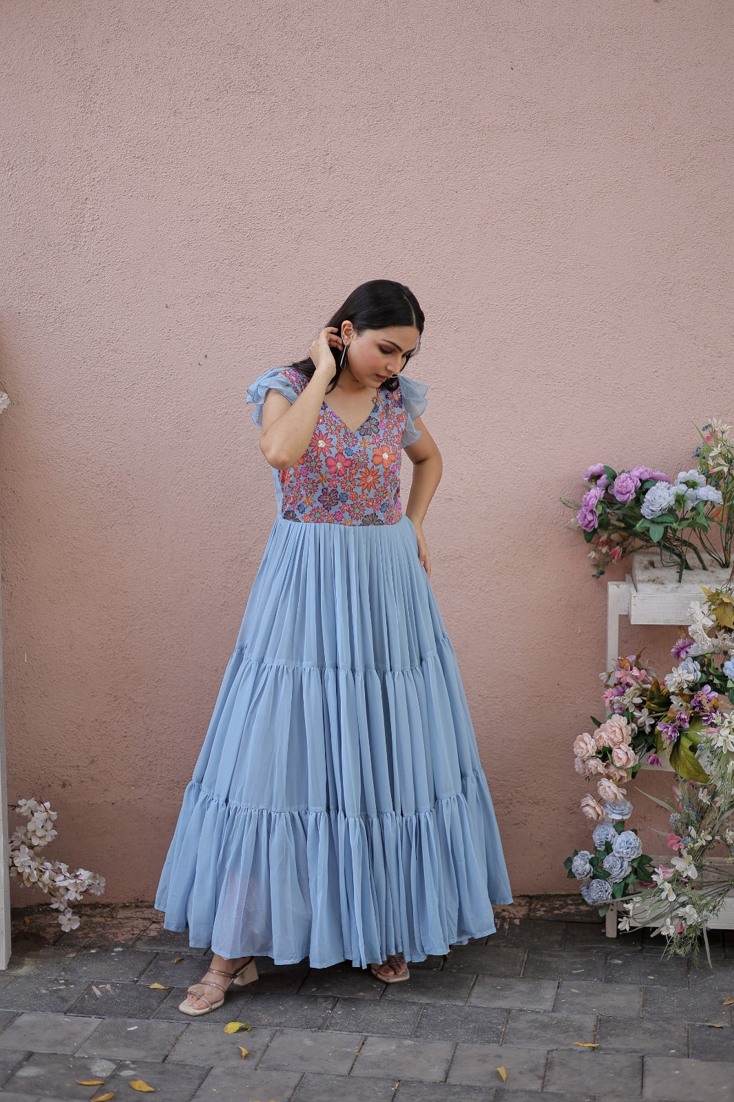 Beautiful Sky-blue Color Sequence With Embroidery Work Gown